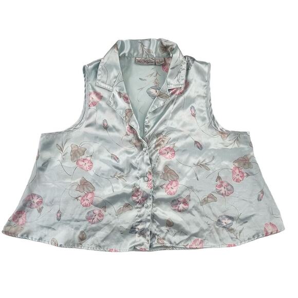 CLAIR | Vintage L Baby Blue Silky Morning Glory Floral Y2K Collared Tank Top - Picture 1 of 6